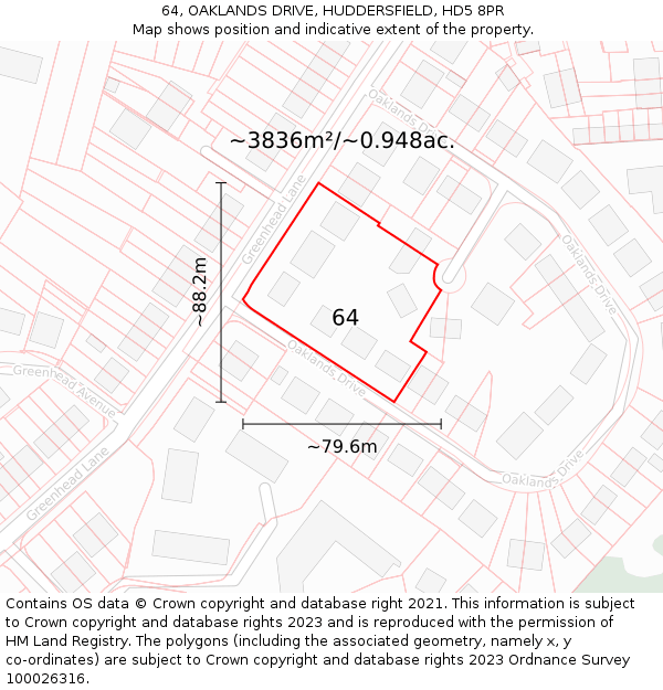 64, OAKLANDS DRIVE, HUDDERSFIELD, HD5 8PR: Plot and title map
