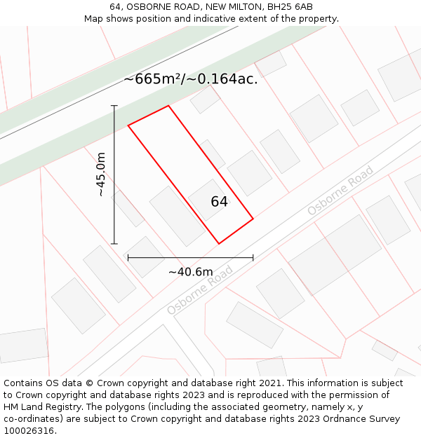 64, OSBORNE ROAD, NEW MILTON, BH25 6AB: Plot and title map
