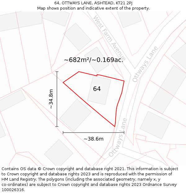 64, OTTWAYS LANE, ASHTEAD, KT21 2PJ: Plot and title map
