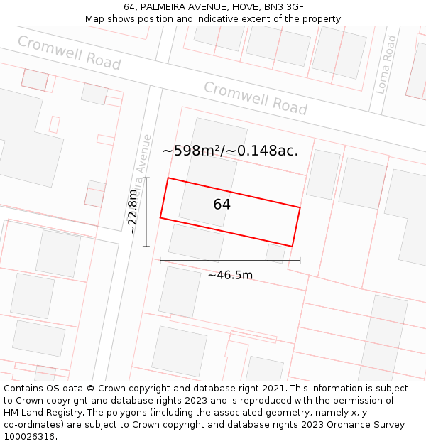 64, PALMEIRA AVENUE, HOVE, BN3 3GF: Plot and title map