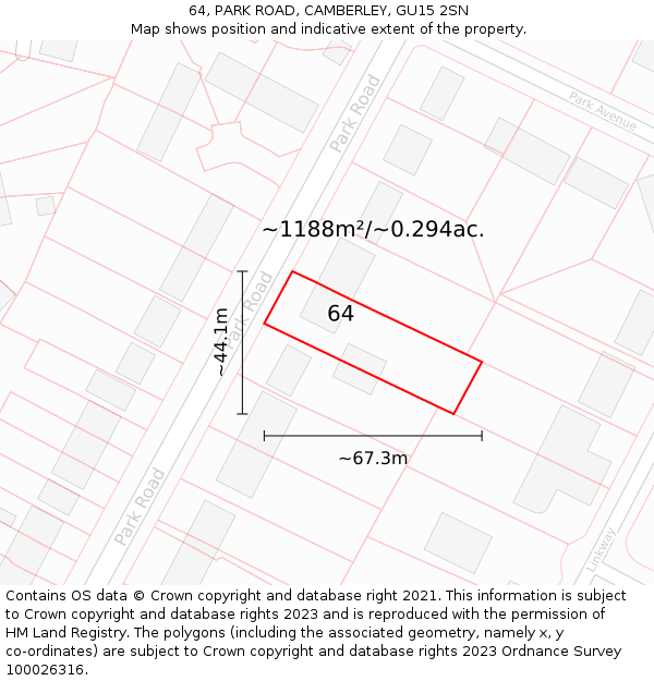 64, PARK ROAD, CAMBERLEY, GU15 2SN: Plot and title map