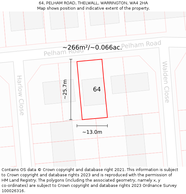 64, PELHAM ROAD, THELWALL, WARRINGTON, WA4 2HA: Plot and title map