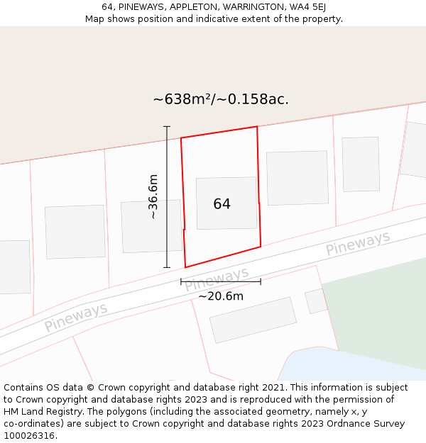 64, PINEWAYS, APPLETON, WARRINGTON, WA4 5EJ: Plot and title map