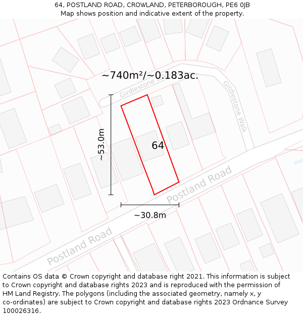 64, POSTLAND ROAD, CROWLAND, PETERBOROUGH, PE6 0JB: Plot and title map