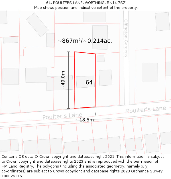 64, POULTERS LANE, WORTHING, BN14 7SZ: Plot and title map