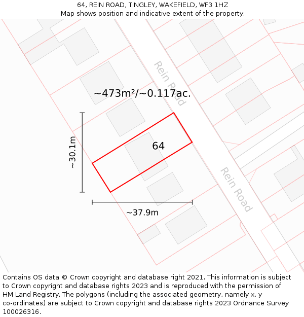 64, REIN ROAD, TINGLEY, WAKEFIELD, WF3 1HZ: Plot and title map