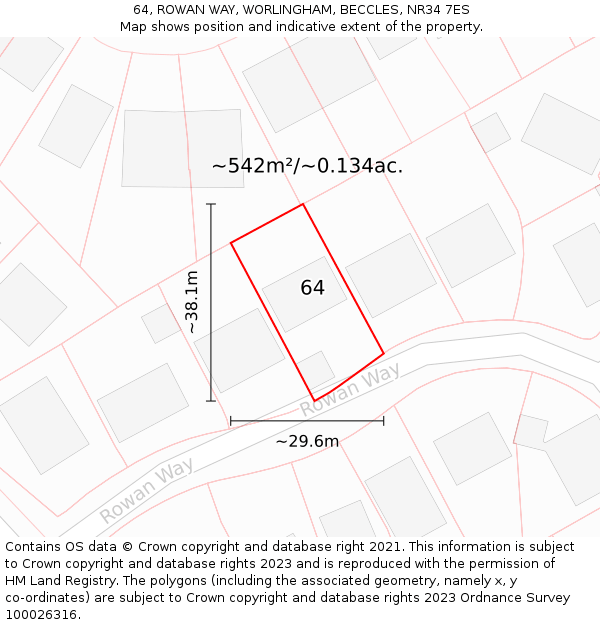 64, ROWAN WAY, WORLINGHAM, BECCLES, NR34 7ES: Plot and title map