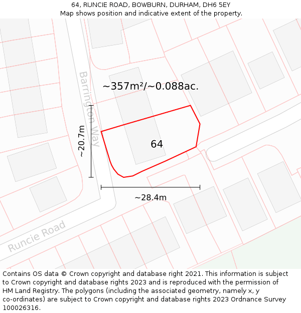 64, RUNCIE ROAD, BOWBURN, DURHAM, DH6 5EY: Plot and title map