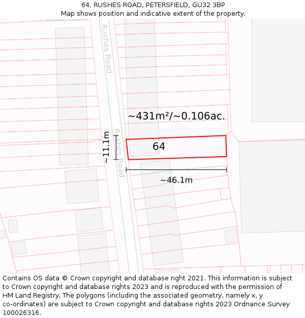 64, RUSHES ROAD, PETERSFIELD, GU32 3BP: Plot and title map
