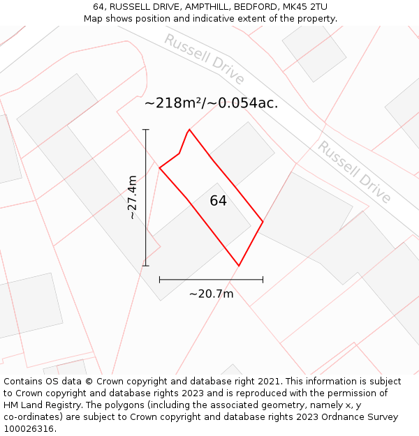 64, RUSSELL DRIVE, AMPTHILL, BEDFORD, MK45 2TU: Plot and title map
