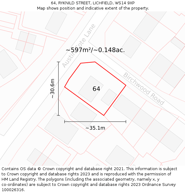 64, RYKNILD STREET, LICHFIELD, WS14 9XP: Plot and title map
