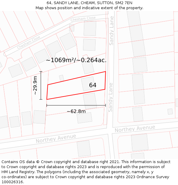 64, SANDY LANE, CHEAM, SUTTON, SM2 7EN: Plot and title map