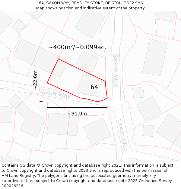 64, SAXON WAY, BRADLEY STOKE, BRISTOL, BS32 9AS: Plot and title map