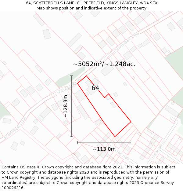 64, SCATTERDELLS LANE, CHIPPERFIELD, KINGS LANGLEY, WD4 9EX: Plot and title map