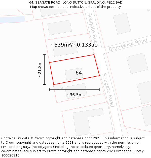 64, SEAGATE ROAD, LONG SUTTON, SPALDING, PE12 9AD: Plot and title map