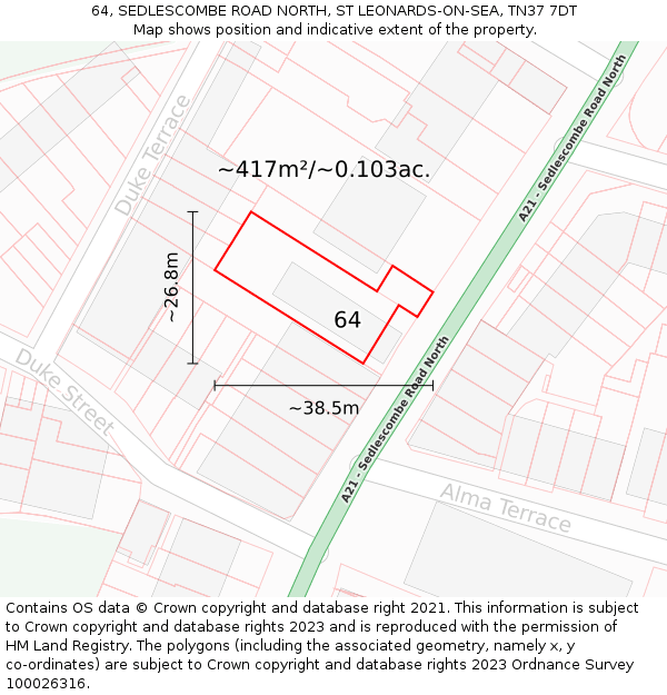64, SEDLESCOMBE ROAD NORTH, ST LEONARDS-ON-SEA, TN37 7DT: Plot and title map