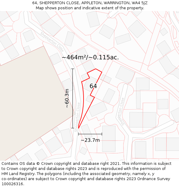 64, SHEPPERTON CLOSE, APPLETON, WARRINGTON, WA4 5JZ: Plot and title map
