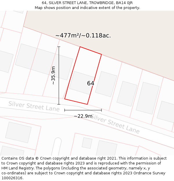 64, SILVER STREET LANE, TROWBRIDGE, BA14 0JR: Plot and title map