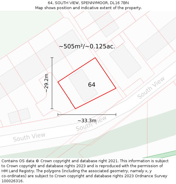 64, SOUTH VIEW, SPENNYMOOR, DL16 7BN: Plot and title map