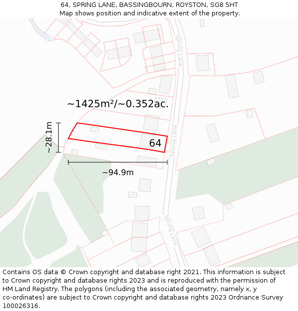 64, SPRING LANE, BASSINGBOURN, ROYSTON, SG8 5HT: Plot and title map