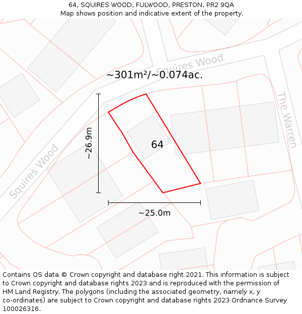 64, SQUIRES WOOD, FULWOOD, PRESTON, PR2 9QA: Plot and title map