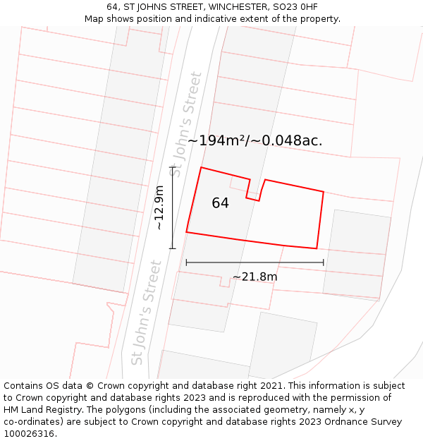 64, ST JOHNS STREET, WINCHESTER, SO23 0HF: Plot and title map
