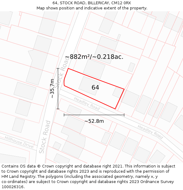 64, STOCK ROAD, BILLERICAY, CM12 0RX: Plot and title map