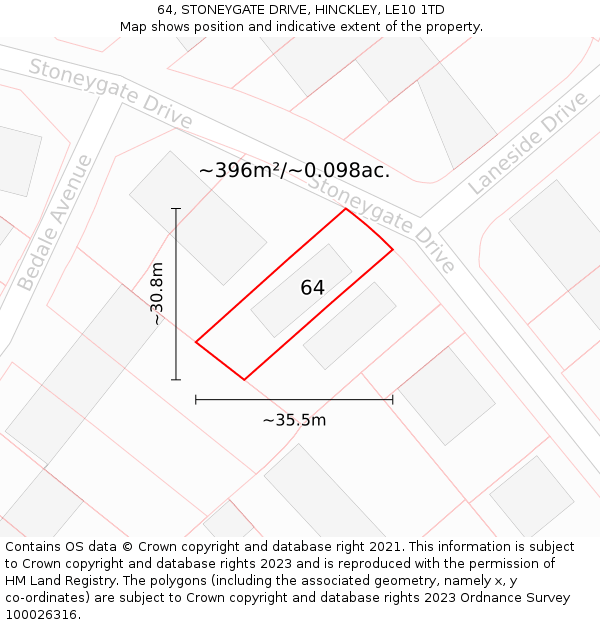 64, STONEYGATE DRIVE, HINCKLEY, LE10 1TD: Plot and title map
