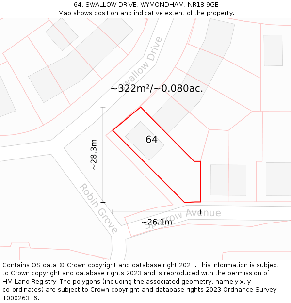 64, SWALLOW DRIVE, WYMONDHAM, NR18 9GE: Plot and title map