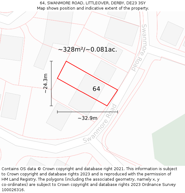 64, SWANMORE ROAD, LITTLEOVER, DERBY, DE23 3SY: Plot and title map