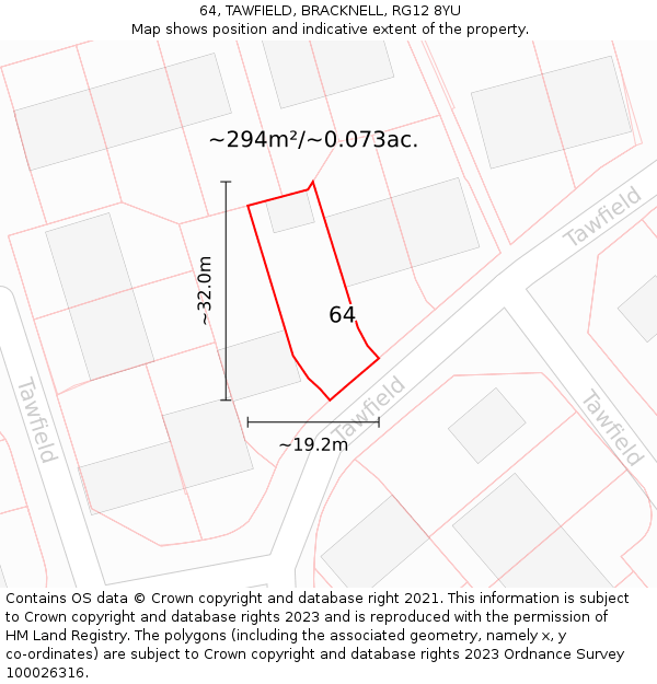 64, TAWFIELD, BRACKNELL, RG12 8YU: Plot and title map