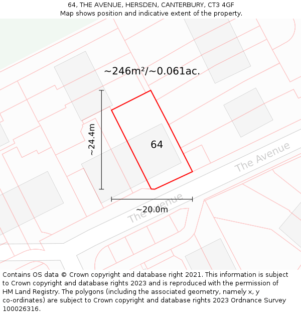 64, THE AVENUE, HERSDEN, CANTERBURY, CT3 4GF: Plot and title map