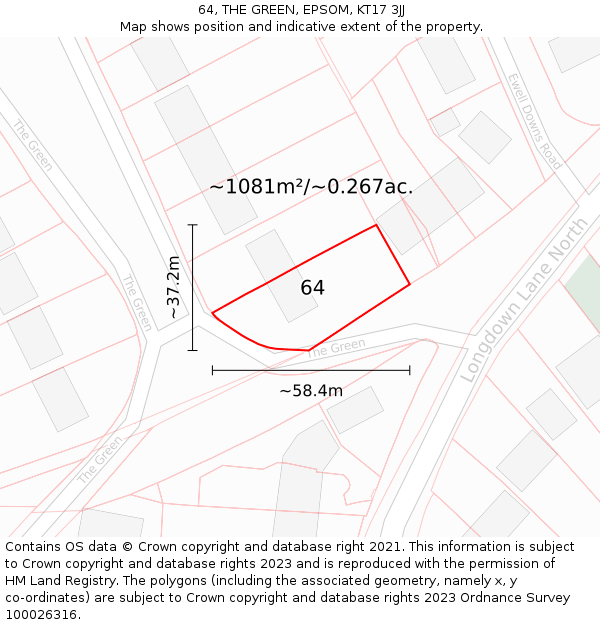 64, THE GREEN, EPSOM, KT17 3JJ: Plot and title map