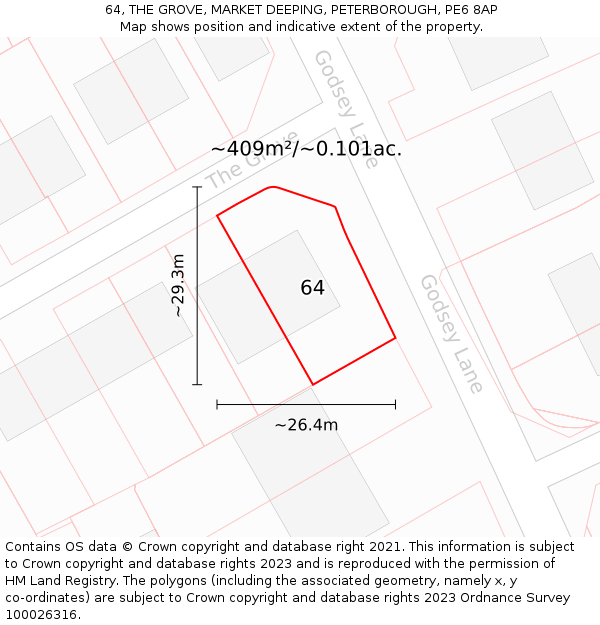 64, THE GROVE, MARKET DEEPING, PETERBOROUGH, PE6 8AP: Plot and title map