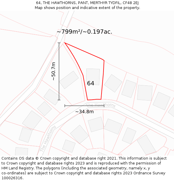 64, THE HAWTHORNS, PANT, MERTHYR TYDFIL, CF48 2EJ: Plot and title map