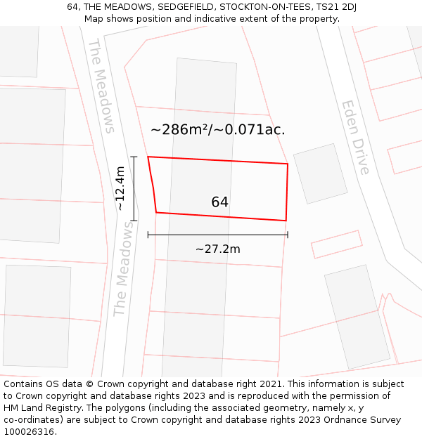 64, THE MEADOWS, SEDGEFIELD, STOCKTON-ON-TEES, TS21 2DJ: Plot and title map