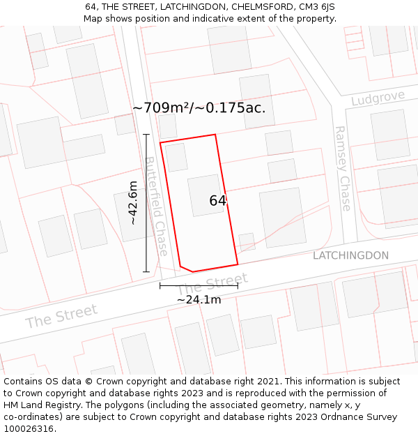 64, THE STREET, LATCHINGDON, CHELMSFORD, CM3 6JS: Plot and title map