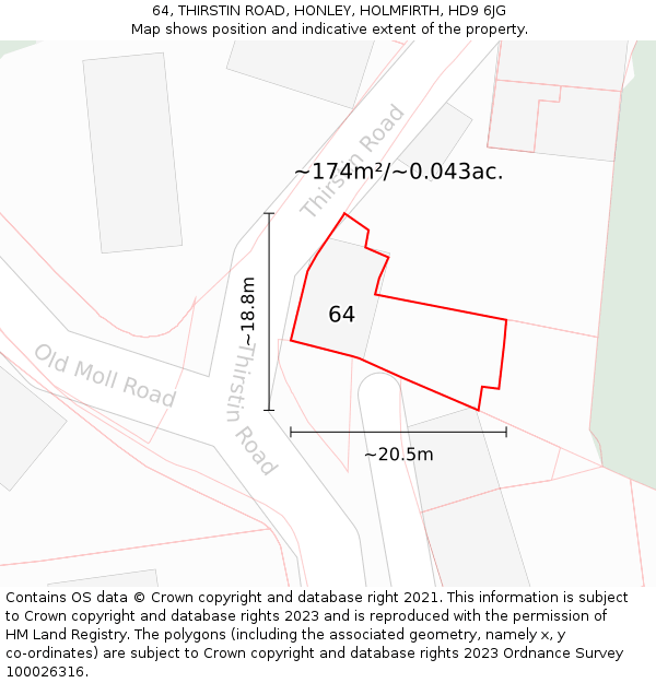 64, THIRSTIN ROAD, HONLEY, HOLMFIRTH, HD9 6JG: Plot and title map