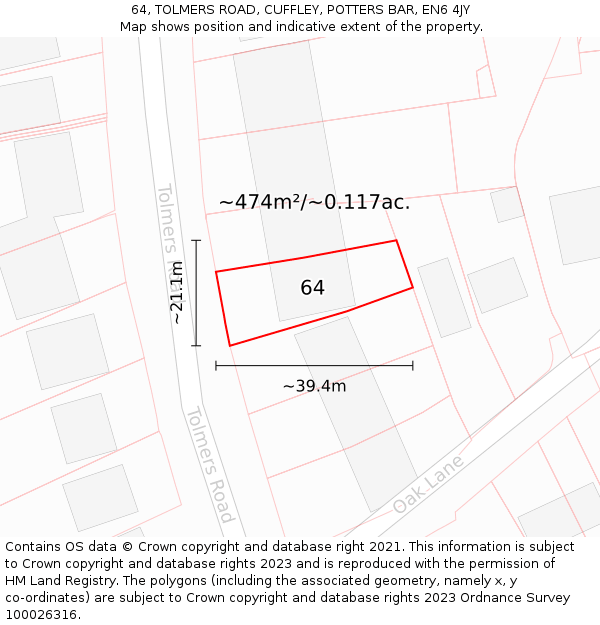 64, TOLMERS ROAD, CUFFLEY, POTTERS BAR, EN6 4JY: Plot and title map