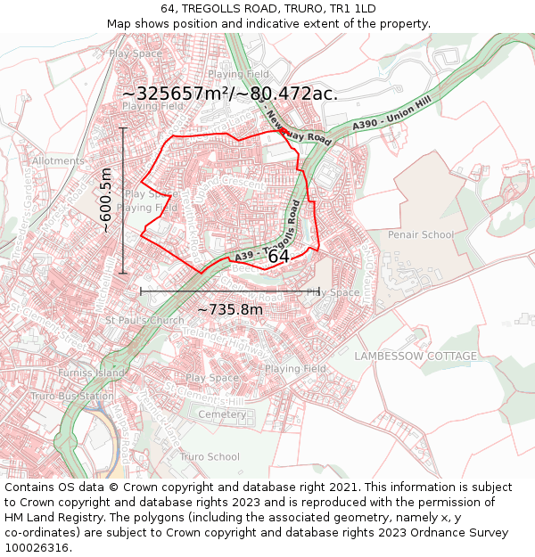 64, TREGOLLS ROAD, TRURO, TR1 1LD: Plot and title map