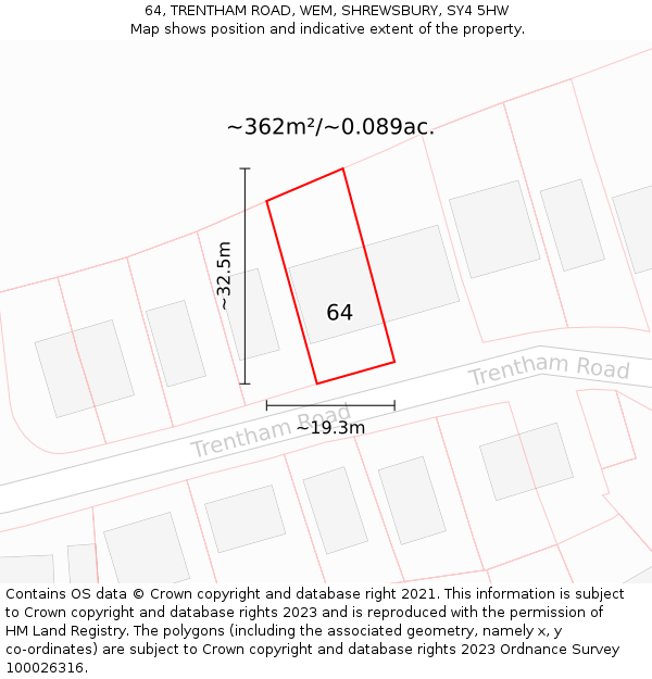 64, TRENTHAM ROAD, WEM, SHREWSBURY, SY4 5HW: Plot and title map