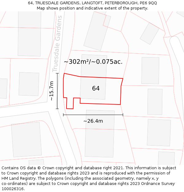 64, TRUESDALE GARDENS, LANGTOFT, PETERBOROUGH, PE6 9QQ: Plot and title map