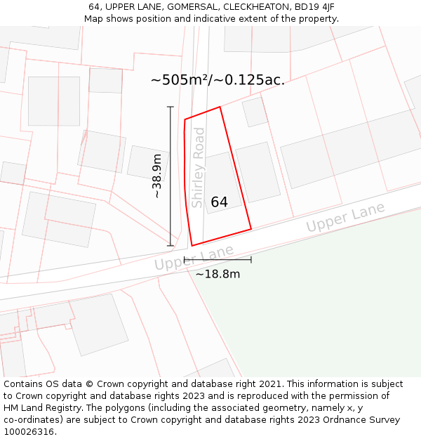 64, UPPER LANE, GOMERSAL, CLECKHEATON, BD19 4JF: Plot and title map