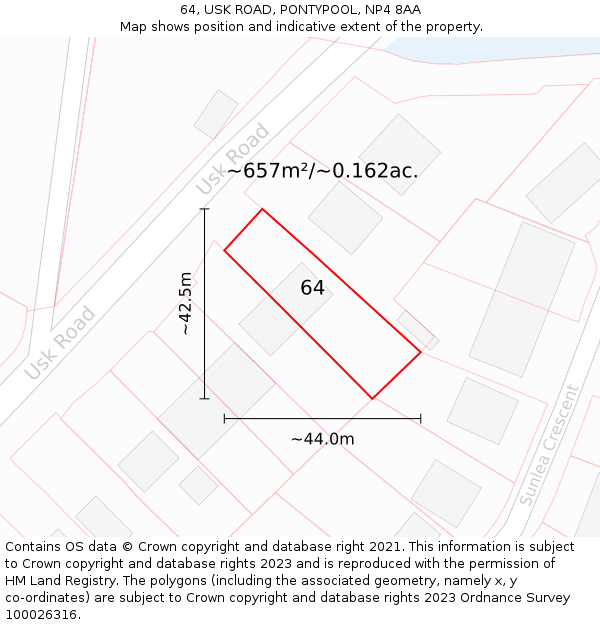 64, USK ROAD, PONTYPOOL, NP4 8AA: Plot and title map