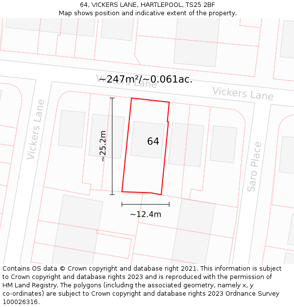 64, VICKERS LANE, HARTLEPOOL, TS25 2BF: Plot and title map