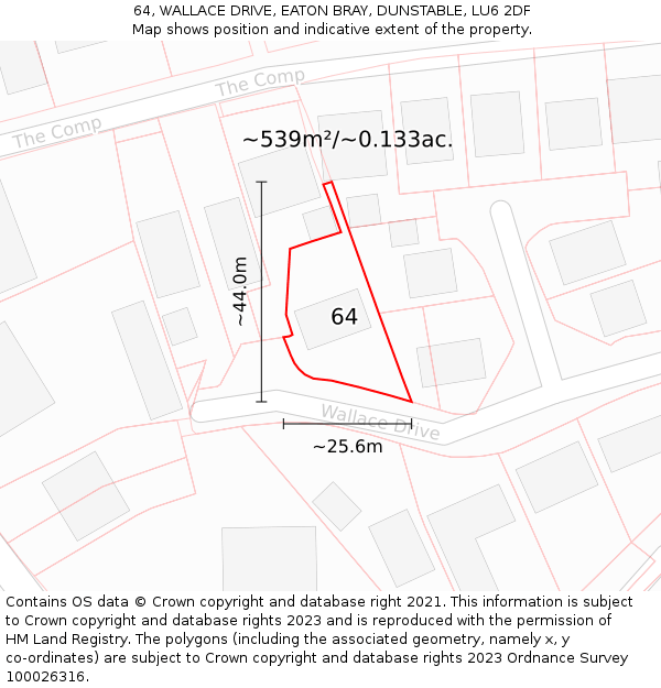 64, WALLACE DRIVE, EATON BRAY, DUNSTABLE, LU6 2DF: Plot and title map
