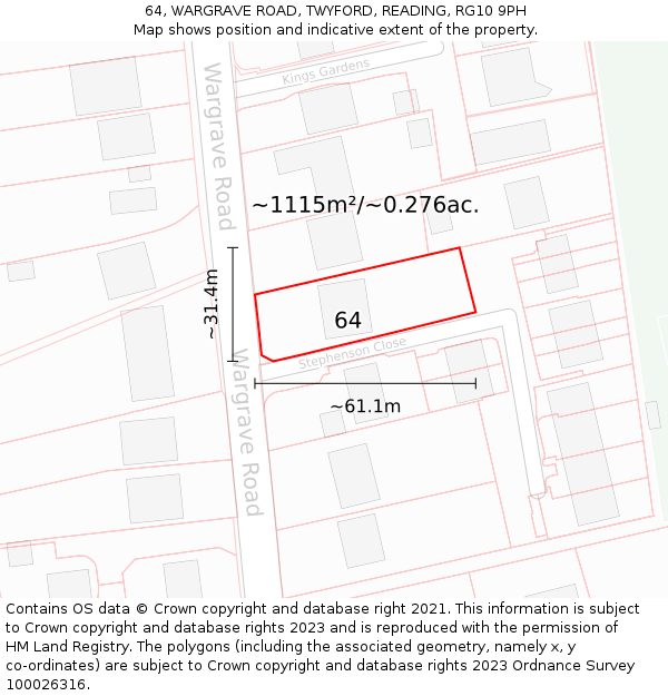 64, WARGRAVE ROAD, TWYFORD, READING, RG10 9PH: Plot and title map