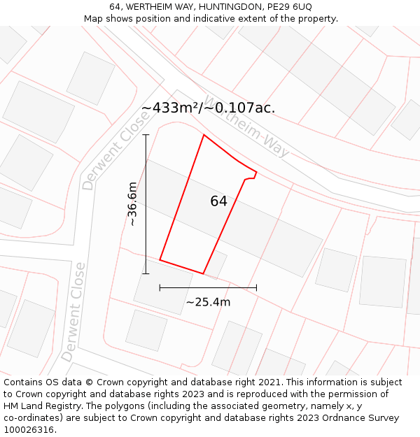 64, WERTHEIM WAY, HUNTINGDON, PE29 6UQ: Plot and title map
