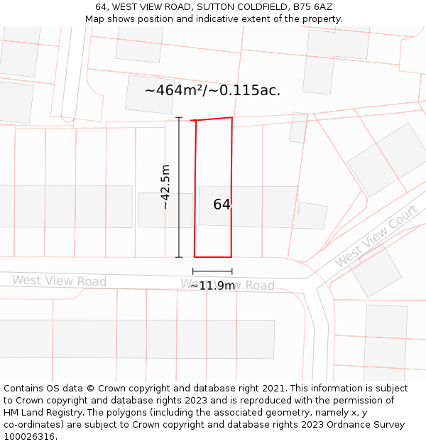 64, WEST VIEW ROAD, SUTTON COLDFIELD, B75 6AZ: Plot and title map