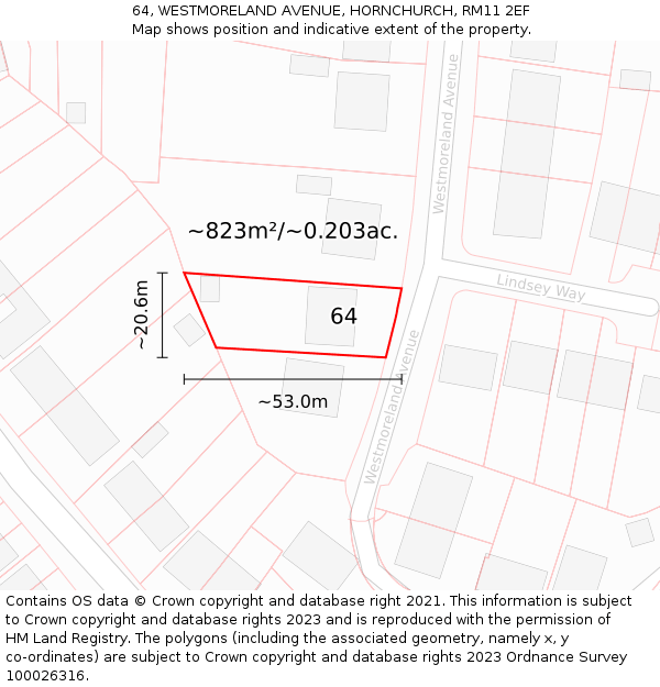64, WESTMORELAND AVENUE, HORNCHURCH, RM11 2EF: Plot and title map
